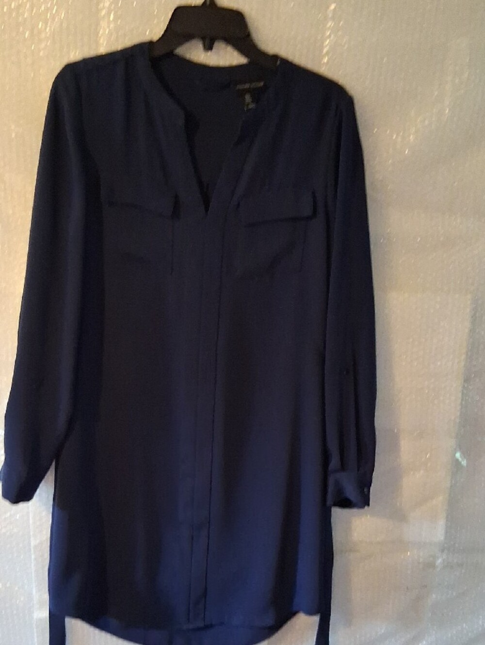 Adrienne Vittadini Navy Blue Long-Sleeve Tunic Shirt Dress with Chest Pockets - Picture 7 of 12